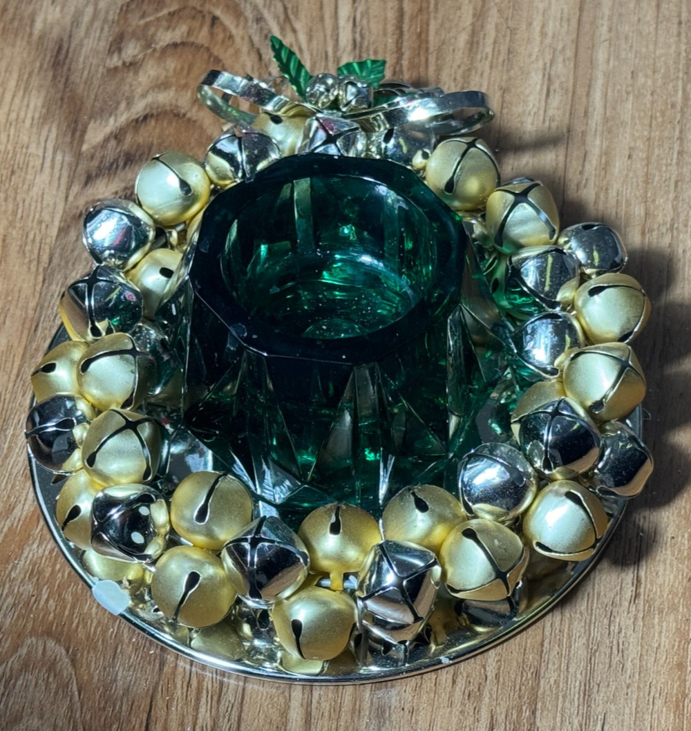 Jingle Bell 5" Metal Centerpiece w/ Green Votive Candle Holder